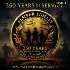 United States Marine Corps 250th anniversary coin with soldier silhouettes golden globe American flag and engraved service motto.
