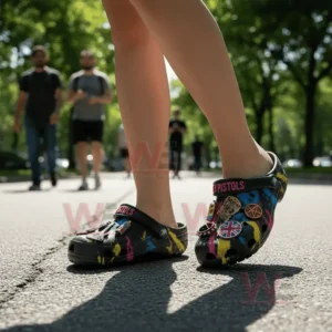 Sex Pistols Crocs Clogs with Charms 8 A person walking outdoors wearing black Sex Pistols clogs with bold decorative charms on a bright day.