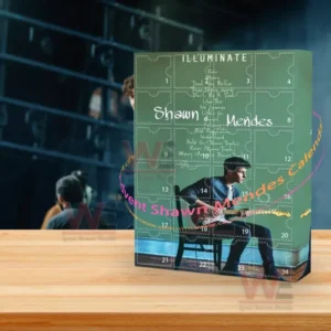 Advent calendar on a wooden table with stage background showing musician artwork!