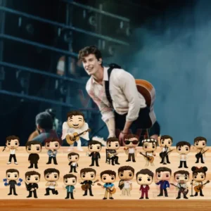 Multiple stylized musician figures arranged on a wooden table with concert background!