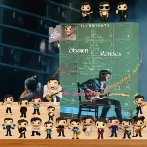 Advent calendar with musician artwork surrounded by small musician figures on a wooden table!