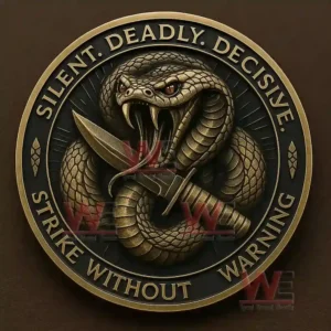 Tactical bronze coin with coiled snake and knife design surrounded by the phrase Silent Deadly Decisive Strike Without Warning.