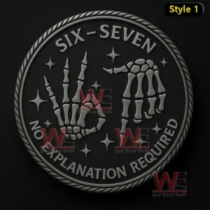 Black coin with skeletal hands and Six Seven No Explanation Required text.