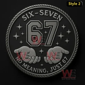 Black coin with number 67 two hands and Six Seven No Meaning Just 67 text.