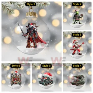 A powerful armored figure holding a sword stands inside a snowy glass ornament.