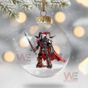A skeletal Santa holding a guitar stands inside a snow filled ornament.