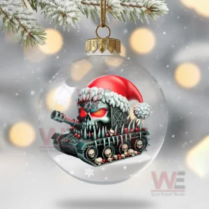 A decorated tank with festive details sits inside a snowy ornament.