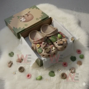 Sloth-themed Crocs with charms inside a gift box with additional decorations around it.