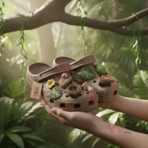 Sloth-themed Crocs with charms held in hands, surrounded by greenery and nature.