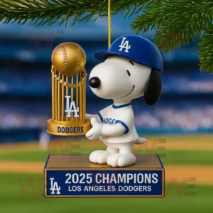 Snoopy in Dodgers uniform holding golden trophy labeled 2025 Champions Los Angeles Dodgers hanging as ornament!
