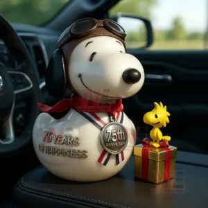 A pilot themed rubber duck figure with a small yellow companion standing on a gift box positioned on a car armrest!