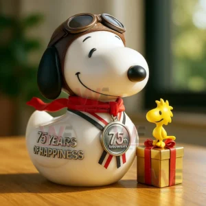 Snoopy 75th Anniversary Rubber Duck 3 A pilot themed rubber duck figure with a yellow companion on a gold gift box sitting on a wooden table!