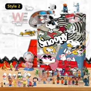 Snoopy Advent Calendar 6 A Snoopy Advent calendar with colorful and abstract comic art design along with miniature Snoopy and Peanuts characters displayed in front.