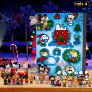 Snoopy Advent Calendar 8 A winter themed Snoopy Advent calendar displaying festive holiday artwork and miniature Peanuts characters with Christmas decorations.