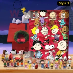 A Snoopy and Peanuts Christmas Advent calendar displaying character mini figures and a festive red calendar box with classic cartoon artwork.