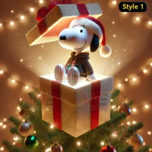 Snoopy in a Santa hat sitting in a glowing gift box on a Christmas tree surrounded by festive lights and ornaments!