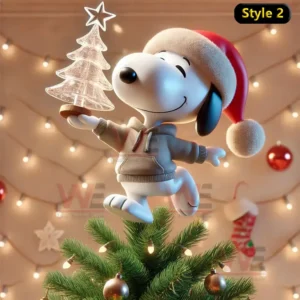 Snoopy holding a glowing transparent Christmas tree while standing on a decorated Christmas tree in a cozy holiday background!