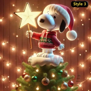 Snoopy with a glowing star standing on a decorated Christmas tree with twinkling lights in the background!