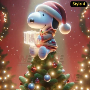 Snoopy sitting on a Christmas tree holding a glowing gift box surrounded by festive ornaments and lights!