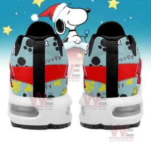 Snoopy Custom Name Air Max Plus TN Shoes 7 A back view of Snoopy-themed sneakers with Snoopy and candy graphics, along with a custom name tag.