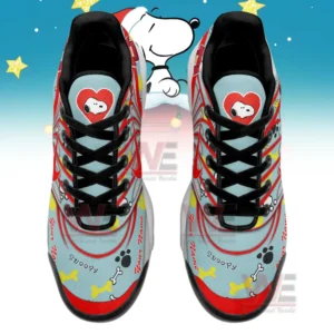 Snoopy Custom Name Air Max Plus TN Shoes 9 A top-down view of Snoopy-themed sneakers with Snoopy illustrations, bones, paw prints, and a custom name tag.