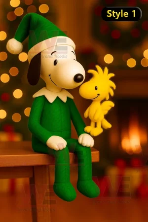 A figure of Snoopy in a green elf costume sitting with Woodstock in front of a warmly lit Christmas background.