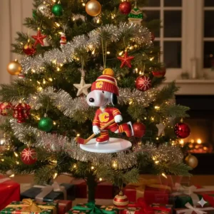 Snoopy Ice Hockey Christmas Ornament 10 A cartoon dog hockey ornament in red and yellow hanging on a festive Christmas tree!