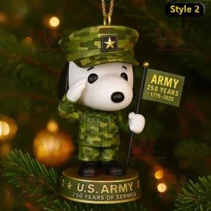 Snoopy United States Armed Forces 250th Anniversary Ornament 7 Snoopy Army ornament in camouflage uniform saluting with anniversary flag.