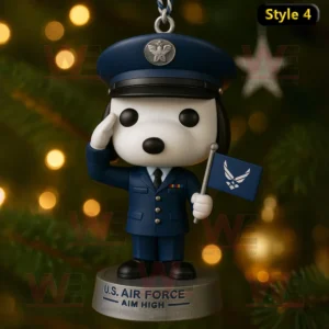 Snoopy United States Armed Forces 250th Anniversary Ornament 9 Snoopy Air Force ornament in blue uniform saluting with Air Force flag.
