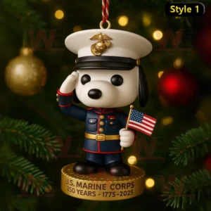 Snoopy Marine Corps ornament saluting with American flag for 250th anniversary celebration.