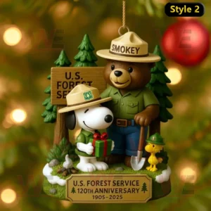 Snoopy US Forest Service 120th Anniversary Christmas Ornament 4 Snoopy giving gift to Smokey Bear ornament celebrating 120 years of U.S. Forest Service.
