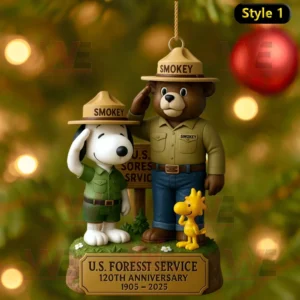 Snoopy and Smokey Bear ornament saluting for U.S. Forest Service 120th anniversary celebration.