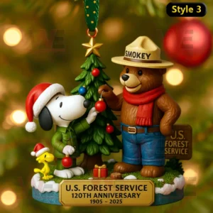 Snoopy US Forest Service 120th Anniversary Christmas Ornament 5 Snoopy and Smokey Bear Christmas tree ornament honoring 120th anniversary of U.S. Forest Service.