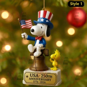Snoopy and Woodstock ornament with American flag on Liberty Bell celebrating USA 250th anniversary.