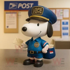 Snoopy USPS 250th anniversary postal worker figure holding letter and mailbag in post office setting.