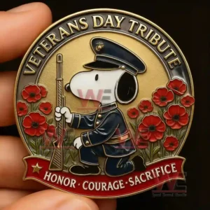 Snoopy Veterans Day Tribute badge with rifle red poppies and honor courage sacrifice text.