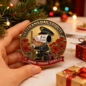 Snoopy Veterans Day Tribute Commemorative Badge 3 Snoopy Veterans Day Tribute badge held near Christmas decorations and lights.