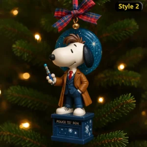 Snoopy x Doctor Who Christmas Ornament 4 Snoopy Doctor Who Christmas ornament with plaid bow and blue base.