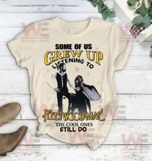 Fleetwood Mac themed t shirt with vintage band image and slogan.