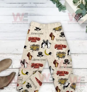 Fleetwood Mac print pajama pants with multiple vintage band logos.