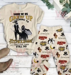 Fleetwood Mac pajama set with printed shirt and patterned pants on wooden floor.