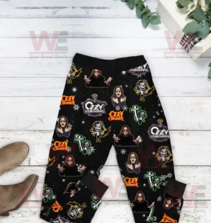 Black pajama pants printed with Ozzy Osbourne logos and rock inspired graphics.