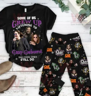 Ozzy Osbourne pajama set with printed shirt and patterned pants on wooden floor.