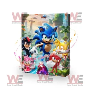 A Sonic The Hedgehog Advent calendar showing the main characters in an energetic action scene with tropical landscape background.