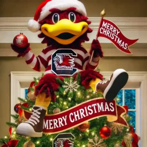The South Carolina Gamecocks mascot dressed in Christmas clothes sitting atop a decorated Christmas tree holding a Merry Christmas flag inside a warmly lit room!
