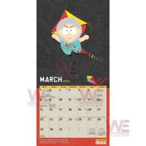 Animated character holding a kite above a March calendar grid.