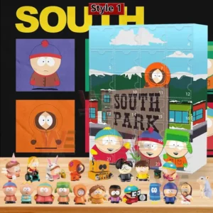 South Park advent calendar with main characters and collectible figures displayed on a wooden surface!