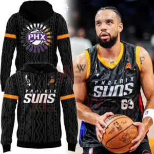 A black Phoenix Suns hoodie with cultural patterns and orange accents shown beside a player in a matching themed jersey holding a basketball!