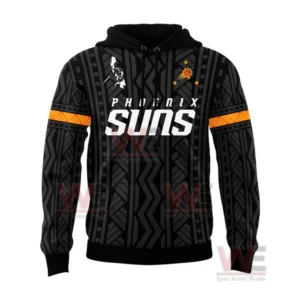 A front view of a black patterned hoodie with Phoenix Suns lettering and orange sleeve accents!