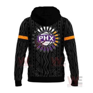 A back view of a black patterned hoodie with a large multicolored PHX emblem and orange sleeve accents!